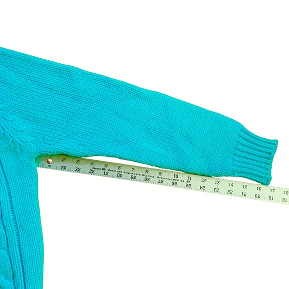 Vintage 70s Full Fashion Cable Chunky Knit Vibrant Turquoise Crewneck Cardigan - Picture 6 of 6